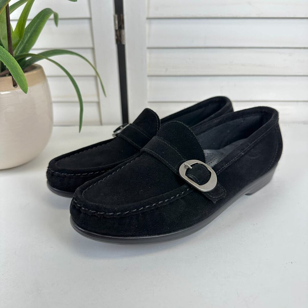 SAS Lara Loafer‎ Black Suede Leather Slip On Comfort Shoe Buckle Strap Size 8 M